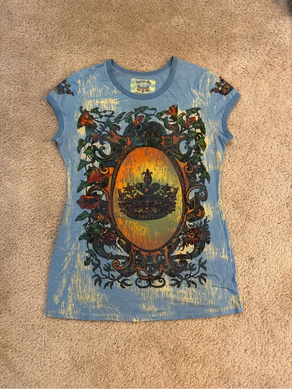 Vintage Y2K Distressed Butterfly Dropout Blue Graphic Baby Tee